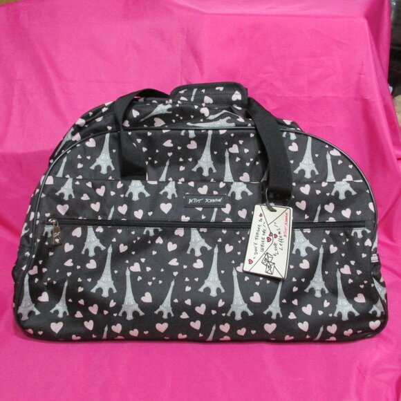 P1259-NWOT Betsey Johnson Paris in Love Canvas Rolling Travel Bag - Picture 1 of 10